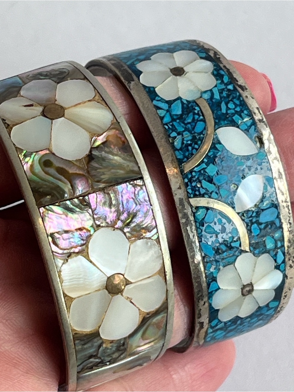 Vintage Alpaca Abalone Mother of Pearl Cuff Bracelet Set of 2